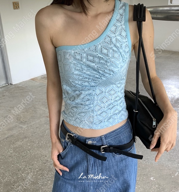 菱格蕾絲抓皺單肩背心(闆娘清單)